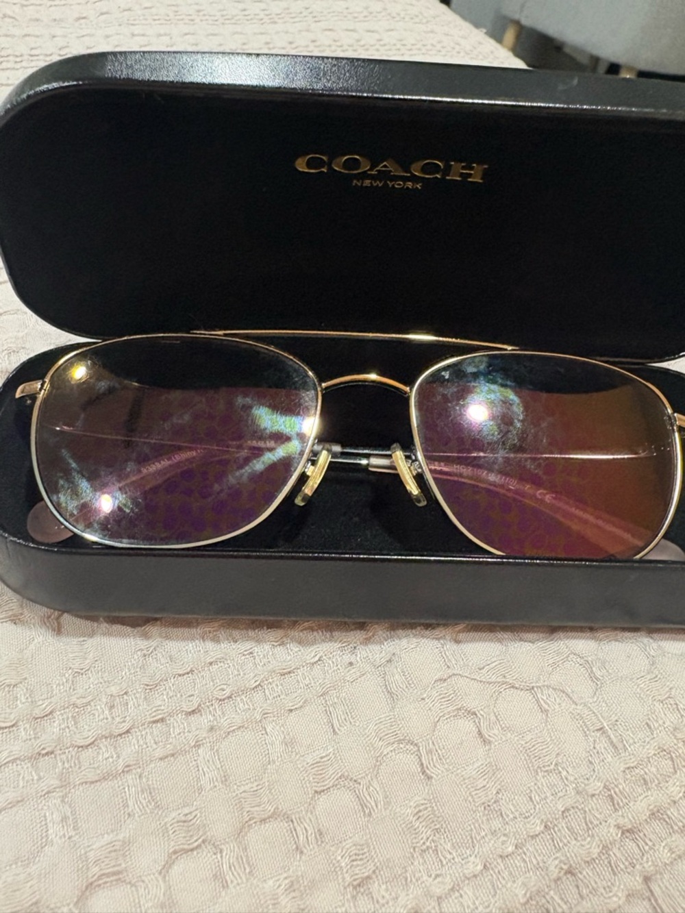 Coach HC7107 Rose Gold Sunglasses with Pink Mirrored Logo Lenses
